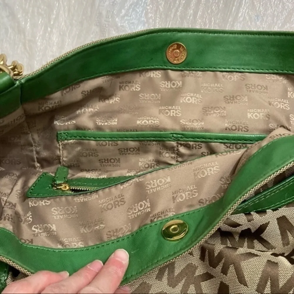 Michael Kors signature mk brown with green leather shoulder bag